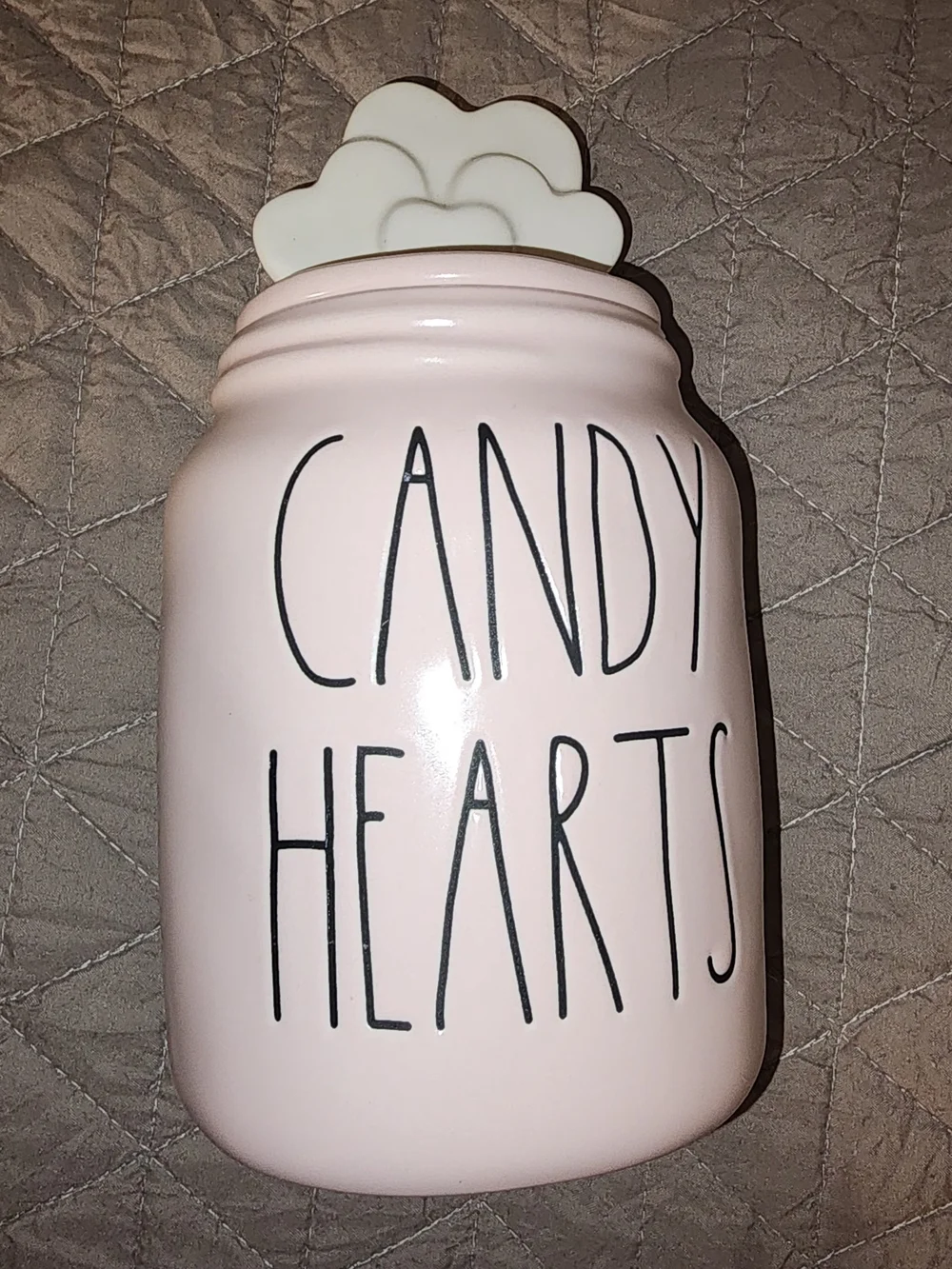 Rae Dunn Pink Candy Hearts Ceramic Jar with White Heart Lid